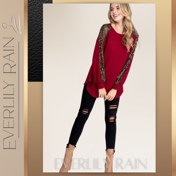 LAST ONE! Gorgeous Sequin Detailed Burgundy Top - Picture 5 of 10